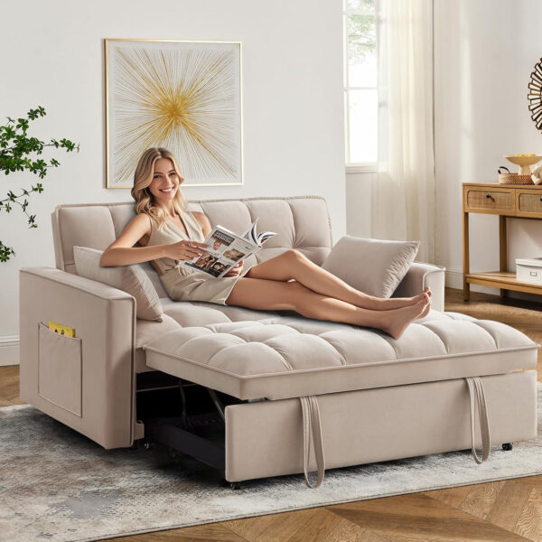 3 in 1 Sleeper Sofa Bed,Velvet Convertible Sofa Bed Pull-Out Bed Couch With Side Pockets,55'' Loveseat Sleeper Sofa with Adjustable Backrest for Living Room,Bedroom,Apartment and Small Space,Gray