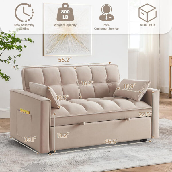 3 in 1 Sleeper Sofa Bed,Velvet Convertible Sofa Bed Pull-Out Bed Couch With Side Pockets,55'' Loveseat Sleeper Sofa with Adjustable Backrest for Living Room,Bedroom,Apartment and Small Space,Gray