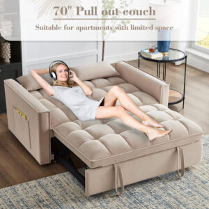3 in 1 Sleeper Sofa Bed,Velvet Convertible Sofa Bed Pull-Out Bed Couch With Side Pockets,55'' Loveseat Sleeper Sofa with Adjustable Backrest for Living Room,Bedroom,Apartment and Small Space,Gray