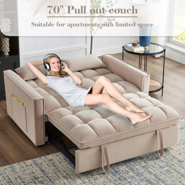 3 in 1 Sleeper Sofa Bed,Velvet Convertible Sofa Bed Pull-Out Bed Couch With Side Pockets,55'' Loveseat Sleeper Sofa with Adjustable Backrest for Living Room,Bedroom,Apartment and Small Space,Gray