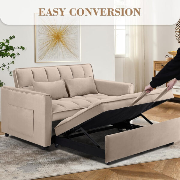 3 in 1 Sleeper Sofa Bed,Velvet Convertible Sofa Bed Pull-Out Bed Couch With Side Pockets,55'' Loveseat Sleeper Sofa with Adjustable Backrest for Living Room,Bedroom,Apartment and Small Space,Gray