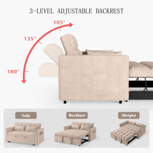 3 in 1 Sleeper Sofa Bed,Velvet Convertible Sofa Bed Pull-Out Bed Couch With Side Pockets,55'' Loveseat Sleeper Sofa with Adjustable Backrest for Living Room,Bedroom,Apartment and Small Space,Gray