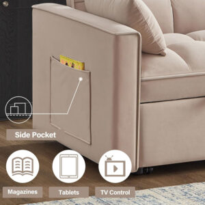 3 in 1 Sleeper Sofa Bed,Velvet Convertible Sofa Bed Pull-Out Bed Couch With Side Pockets,55'' Loveseat Sleeper Sofa with Adjustable Backrest for Living Room,Bedroom,Apartment and Small Space,Gray