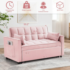 3 in 1 Sleeper Sofa Bed,Velvet Convertible Sofa Bed Pull-Out Bed Couch With Side Pockets,55'' Loveseat Sleeper Sofa with Adjustable Backrest for Living Room,Bedroom,Apartment and Small Space,Gray
