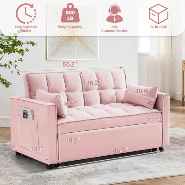 3 in 1 Sleeper Sofa Bed,Velvet Convertible Sofa Bed Pull-Out Bed Couch With Side Pockets,55'' Loveseat Sleeper Sofa with Adjustable Backrest for Living Room,Bedroom,Apartment and Small Space,Gray