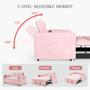 3 in 1 Sleeper Sofa Bed,Velvet Convertible Sofa Bed Pull-Out Bed Couch With Side Pockets,55'' Loveseat Sleeper Sofa with Adjustable Backrest for Living Room,Bedroom,Apartment and Small Space,Gray