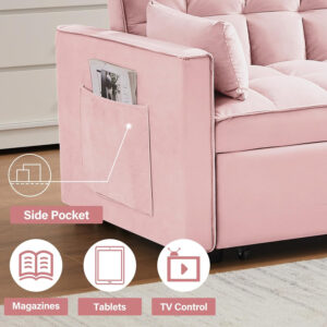 3 in 1 Sleeper Sofa Bed,Velvet Convertible Sofa Bed Pull-Out Bed Couch With Side Pockets,55'' Loveseat Sleeper Sofa with Adjustable Backrest for Living Room,Bedroom,Apartment and Small Space,Gray