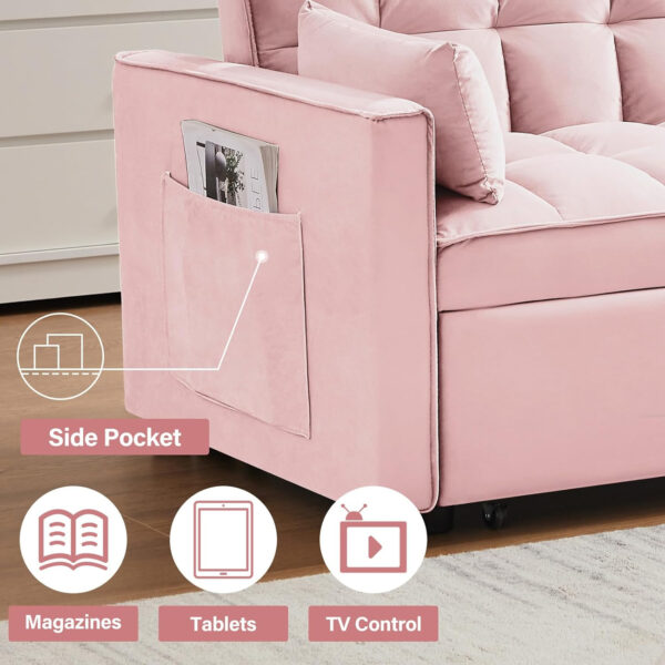 3 in 1 Sleeper Sofa Bed,Velvet Convertible Sofa Bed Pull-Out Bed Couch With Side Pockets,55'' Loveseat Sleeper Sofa with Adjustable Backrest for Living Room,Bedroom,Apartment and Small Space,Gray