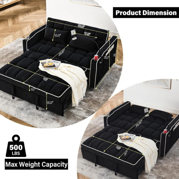 3 in 1 Sleeper Sofa Bed,Velvet Convertible Sofa Bed Pull-Out Bed Couch With Side Pockets,55'' Loveseat Sleeper Sofa with Adjustable Backrest for Living Room,Bedroom,Apartment and Small Space,Gray