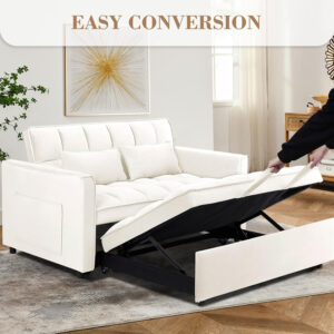 3 in 1 Sleeper Sofa Bed,Velvet Convertible Sofa Bed Pull-Out Bed Couch With Side Pockets,55'' Loveseat Sleeper Sofa with Adjustable Backrest for Living Room,Bedroom,Apartment and Small Space,Gray