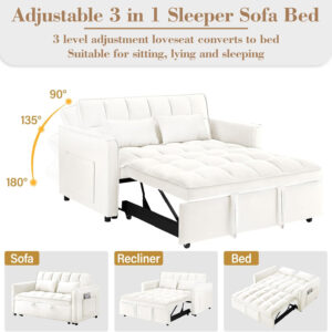 3 in 1 Sleeper Sofa Bed,Velvet Convertible Sofa Bed Pull-Out Bed Couch With Side Pockets,55'' Loveseat Sleeper Sofa with Adjustable Backrest for Living Room,Bedroom,Apartment and Small Space,Gray