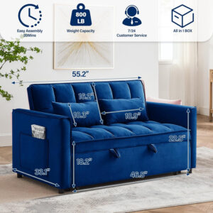 3 in 1 Sleeper Sofa Bed,Velvet Convertible Sofa Bed Pull-Out Bed Couch With Side Pockets,55'' Loveseat Sleeper Sofa with Adjustable Backrest for Living Room,Bedroom,Apartment and Small Space,Gray