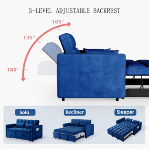 3 in 1 Sleeper Sofa Bed,Velvet Convertible Sofa Bed Pull-Out Bed Couch With Side Pockets,55'' Loveseat Sleeper Sofa with Adjustable Backrest for Living Room,Bedroom,Apartment and Small Space,Gray