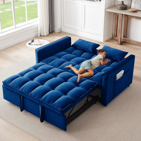 3 in 1 Sleeper Sofa Bed,Velvet Convertible Sofa Bed Pull-Out Bed Couch With Side Pockets,55'' Loveseat Sleeper Sofa with Adjustable Backrest for Living Room,Bedroom,Apartment and Small Space,Gray