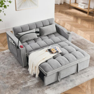 3 in 1 Sleeper Sofa Bed,Velvet Convertible Sofa Bed Pull-Out Bed Couch With Side Pockets,55'' Loveseat Sleeper Sofa with Adjustable Backrest for Living Room,Bedroom,Apartment and Small Space,Gray