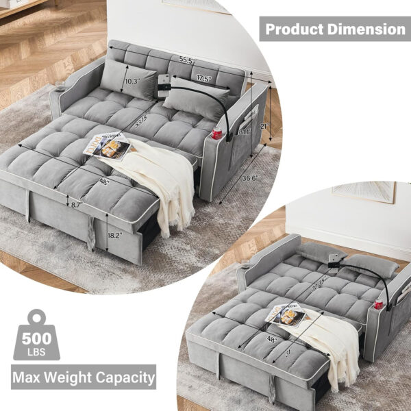 3 in 1 Sleeper Sofa Bed,Velvet Convertible Sofa Bed Pull-Out Bed Couch With Side Pockets,55'' Loveseat Sleeper Sofa with Adjustable Backrest for Living Room,Bedroom,Apartment and Small Space,Gray