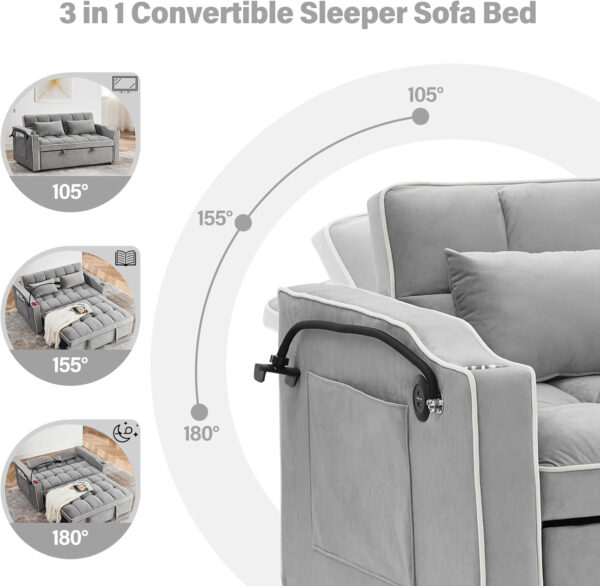 3 in 1 Sleeper Sofa Bed,Velvet Convertible Sofa Bed Pull-Out Bed Couch With Side Pockets,55'' Loveseat Sleeper Sofa with Adjustable Backrest for Living Room,Bedroom,Apartment and Small Space,Gray