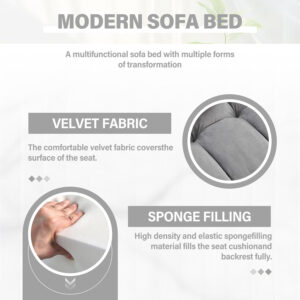 3 in 1 Sleeper Sofa Bed,Velvet Convertible Sofa Bed Pull-Out Bed Couch With Side Pockets,55'' Loveseat Sleeper Sofa with Adjustable Backrest for Living Room,Bedroom,Apartment and Small Space,Gray