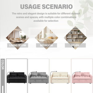 3 in 1 Sleeper Sofa Bed,Velvet Convertible Sofa Bed Pull-Out Bed Couch With Side Pockets,55'' Loveseat Sleeper Sofa with Adjustable Backrest for Living Room,Bedroom,Apartment and Small Space,Gray