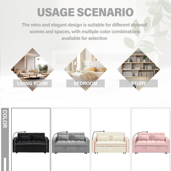 3 in 1 Sleeper Sofa Bed,Velvet Convertible Sofa Bed Pull-Out Bed Couch With Side Pockets,55'' Loveseat Sleeper Sofa with Adjustable Backrest for Living Room,Bedroom,Apartment and Small Space,Gray