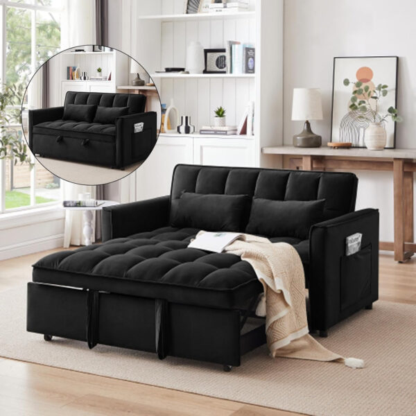 3 in 1 Sleeper Sofa Bed,Velvet Convertible Sofa Bed Pull-Out Bed Couch With Side Pockets,55'' Loveseat Sleeper Sofa with Adjustable Backrest for Living Room,Bedroom,Apartment and Small Space,Gray