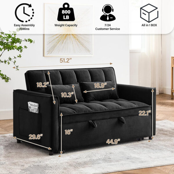 3 in 1 Sleeper Sofa Bed,Velvet Convertible Sofa Bed Pull-Out Bed Couch With Side Pockets,55'' Loveseat Sleeper Sofa with Adjustable Backrest for Living Room,Bedroom,Apartment and Small Space,Gray