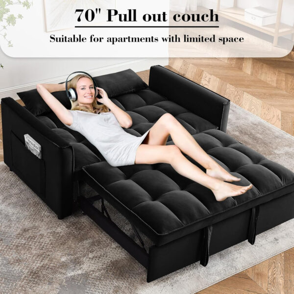 3 in 1 Sleeper Sofa Bed,Velvet Convertible Sofa Bed Pull-Out Bed Couch With Side Pockets,55'' Loveseat Sleeper Sofa with Adjustable Backrest for Living Room,Bedroom,Apartment and Small Space,Gray