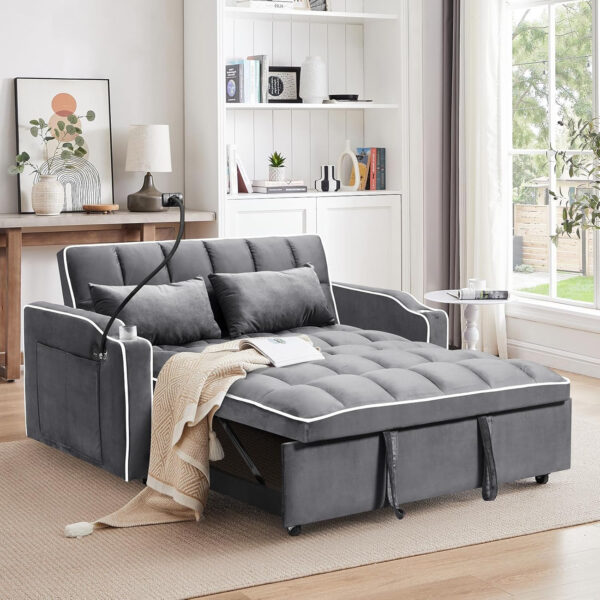 3 in 1 Sleeper Sofa Bed,Velvet Convertible Sofa Bed Pull-Out Bed Couch With Side Pockets,55'' Loveseat Sleeper Sofa with Adjustable Backrest for Living Room,Bedroom,Apartment and Small Space,Gray
