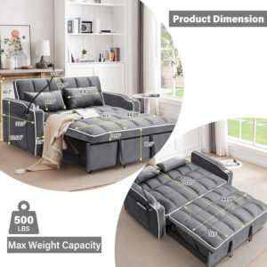 3 in 1 Sleeper Sofa Bed,Velvet Convertible Sofa Bed Pull-Out Bed Couch With Side Pockets,55'' Loveseat Sleeper Sofa with Adjustable Backrest for Living Room,Bedroom,Apartment and Small Space,Gray