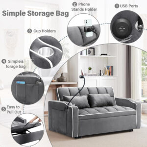 3 in 1 Sleeper Sofa Bed,Velvet Convertible Sofa Bed Pull-Out Bed Couch With Side Pockets,55'' Loveseat Sleeper Sofa with Adjustable Backrest for Living Room,Bedroom,Apartment and Small Space,Gray