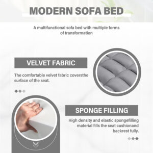 3 in 1 Sleeper Sofa Bed,Velvet Convertible Sofa Bed Pull-Out Bed Couch With Side Pockets,55'' Loveseat Sleeper Sofa with Adjustable Backrest for Living Room,Bedroom,Apartment and Small Space,Gray