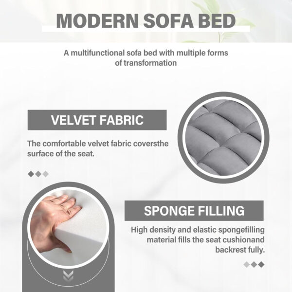 3 in 1 Sleeper Sofa Bed,Velvet Convertible Sofa Bed Pull-Out Bed Couch With Side Pockets,55'' Loveseat Sleeper Sofa with Adjustable Backrest for Living Room,Bedroom,Apartment and Small Space,Gray