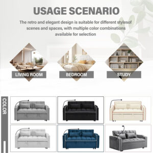 3 in 1 Sleeper Sofa Bed,Velvet Convertible Sofa Bed Pull-Out Bed Couch With Side Pockets,55'' Loveseat Sleeper Sofa with Adjustable Backrest for Living Room,Bedroom,Apartment and Small Space,Gray