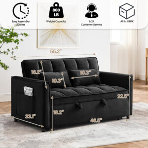 3 in 1 Sleeper Sofa Bed,Velvet Convertible Sofa Bed Pull-Out Bed Couch With Side Pockets,55'' Loveseat Sleeper Sofa with Adjustable Backrest for Living Room,Bedroom,Apartment and Small Space,Gray