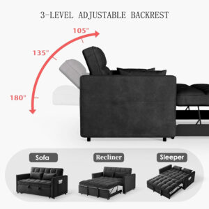 3 in 1 Sleeper Sofa Bed,Velvet Convertible Sofa Bed Pull-Out Bed Couch With Side Pockets,55'' Loveseat Sleeper Sofa with Adjustable Backrest for Living Room,Bedroom,Apartment and Small Space,Gray