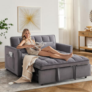 3 in 1 Sleeper Sofa Bed,Velvet Convertible Sofa Bed Pull-Out Bed Couch With Side Pockets,55'' Loveseat Sleeper Sofa with Adjustable Backrest for Living Room,Bedroom,Apartment and Small Space,Gray