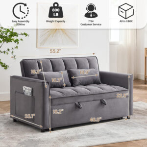 3 in 1 Sleeper Sofa Bed,Velvet Convertible Sofa Bed Pull-Out Bed Couch With Side Pockets,55'' Loveseat Sleeper Sofa with Adjustable Backrest for Living Room,Bedroom,Apartment and Small Space,Gray