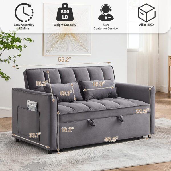 3 in 1 Sleeper Sofa Bed,Velvet Convertible Sofa Bed Pull-Out Bed Couch With Side Pockets,55'' Loveseat Sleeper Sofa with Adjustable Backrest for Living Room,Bedroom,Apartment and Small Space,Gray