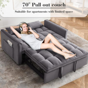 3 in 1 Sleeper Sofa Bed,Velvet Convertible Sofa Bed Pull-Out Bed Couch With Side Pockets,55'' Loveseat Sleeper Sofa with Adjustable Backrest for Living Room,Bedroom,Apartment and Small Space,Gray