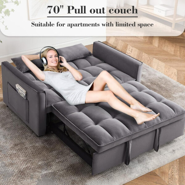 3 in 1 Sleeper Sofa Bed,Velvet Convertible Sofa Bed Pull-Out Bed Couch With Side Pockets,55'' Loveseat Sleeper Sofa with Adjustable Backrest for Living Room,Bedroom,Apartment and Small Space,Gray