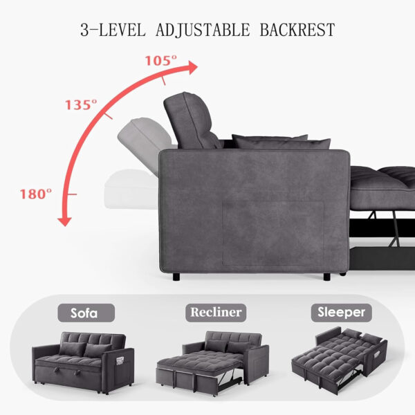 3 in 1 Sleeper Sofa Bed,Velvet Convertible Sofa Bed Pull-Out Bed Couch With Side Pockets,55'' Loveseat Sleeper Sofa with Adjustable Backrest for Living Room,Bedroom,Apartment and Small Space,Gray