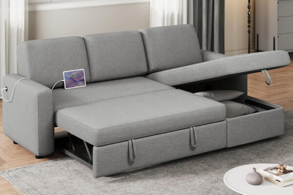 Yaheetech Sectional Sofa L-Shaped Sofa Couch Bed w/Chaise & USB, Reversible Couch Sleeper w/Pull Out Bed & Storage Space Living Room Dark Gray
