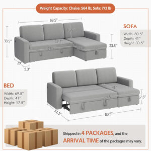 Yaheetech Sectional Sofa L-Shaped Sofa Couch Bed w/Chaise & USB, Reversible Couch Sleeper w/Pull Out Bed & Storage Space Living Room Dark Gray