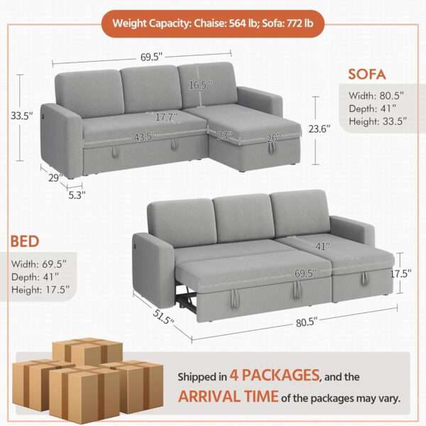 Yaheetech Sectional Sofa L-Shaped Sofa Couch Bed w/Chaise & USB, Reversible Couch Sleeper w/Pull Out Bed & Storage Space Living Room Dark Gray