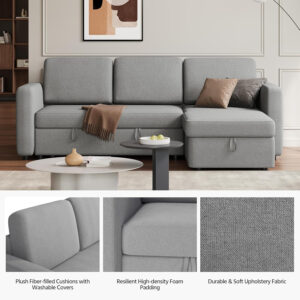Yaheetech Sectional Sofa L-Shaped Sofa Couch Bed w/Chaise & USB, Reversible Couch Sleeper w/Pull Out Bed & Storage Space Living Room Dark Gray