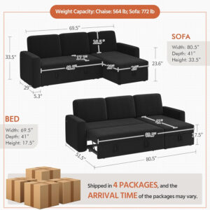 Yaheetech Sectional Sofa L-Shaped Sofa Couch Bed w/Chaise & USB, Reversible Couch Sleeper w/Pull Out Bed & Storage Space Living Room Dark Gray