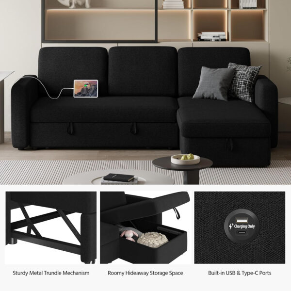 Yaheetech Sectional Sofa L-Shaped Sofa Couch Bed w/Chaise & USB, Reversible Couch Sleeper w/Pull Out Bed & Storage Space Living Room Dark Gray