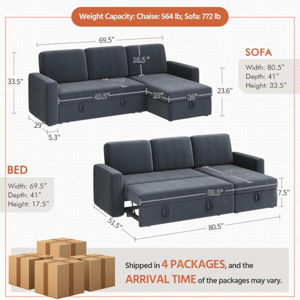 Yaheetech Sectional Sofa L-Shaped Sofa Couch Bed w/Chaise & USB, Reversible Couch Sleeper w/Pull Out Bed & Storage Space Living Room Dark Gray