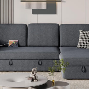 Yaheetech Sectional Sofa L-Shaped Sofa Couch Bed w/Chaise & USB, Reversible Couch Sleeper w/Pull Out Bed & Storage Space Living Room Dark Gray