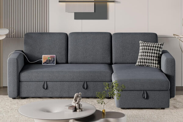 Yaheetech Sectional Sofa L-Shaped Sofa Couch Bed w/Chaise & USB, Reversible Couch Sleeper w/Pull Out Bed & Storage Space Living Room Dark Gray